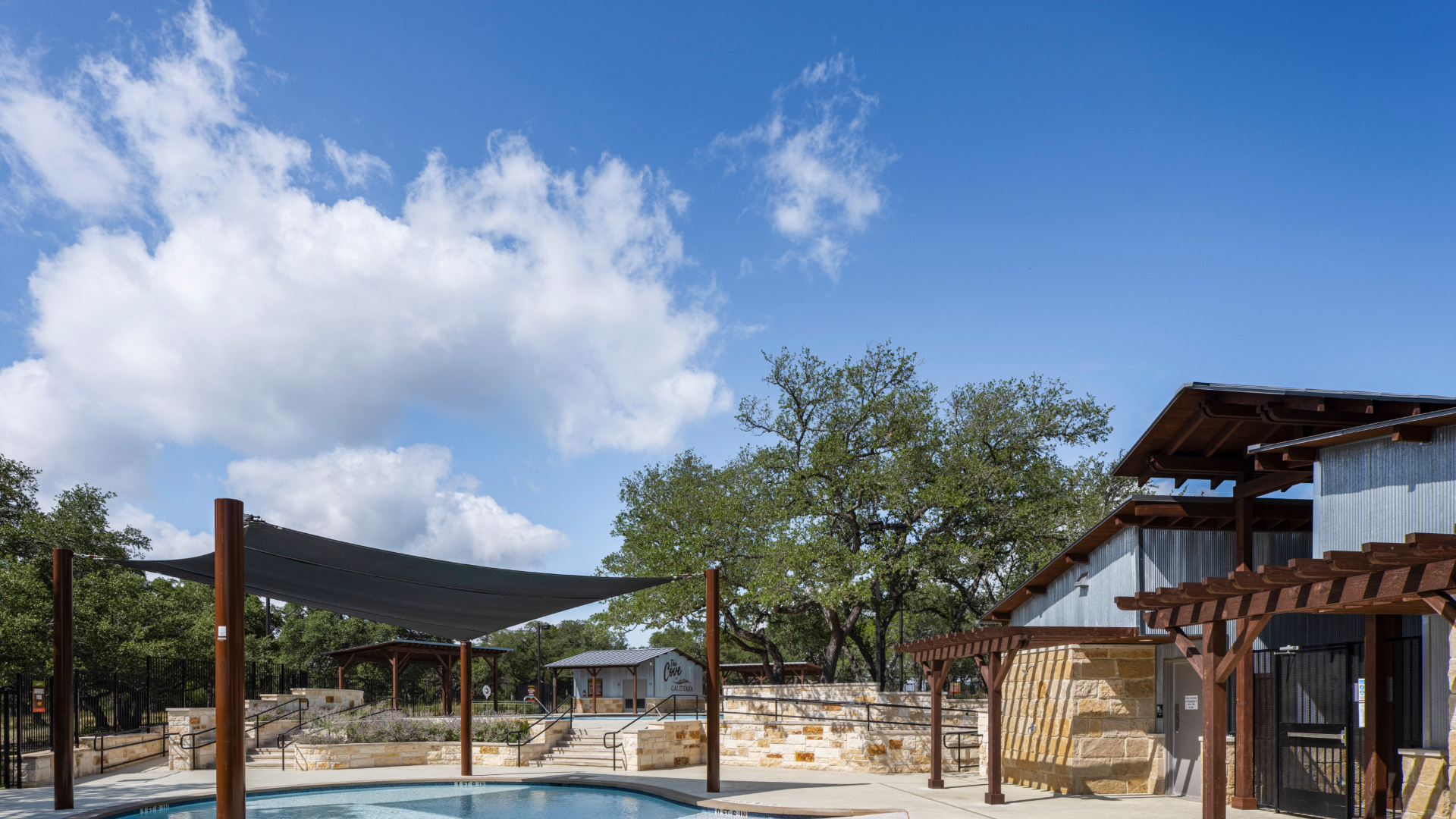 Caliterra amenity center with Hill Country live oak setting, Dripping Springs TX